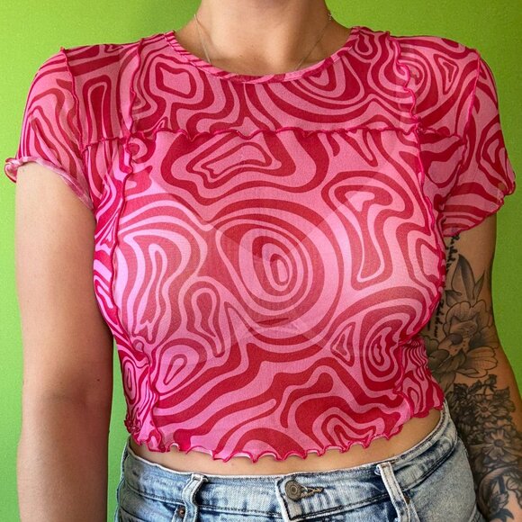 Funky cropped pink seethrough top with ruffle edge / Large / Extra Large - Picture 1 of 3